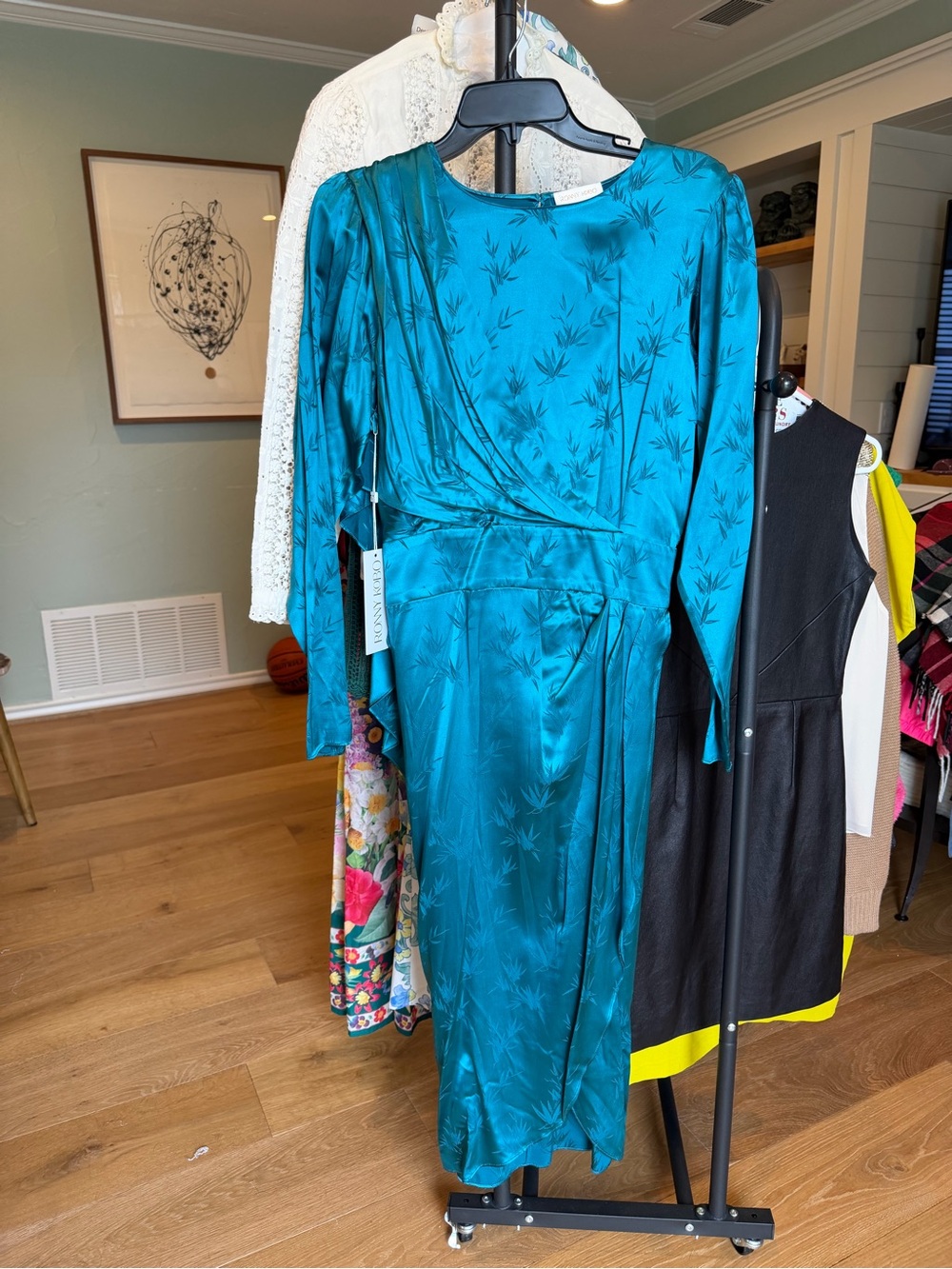 Ronny Kobo Collection Teal Long Sleeve Satin Wrap-Style Dress